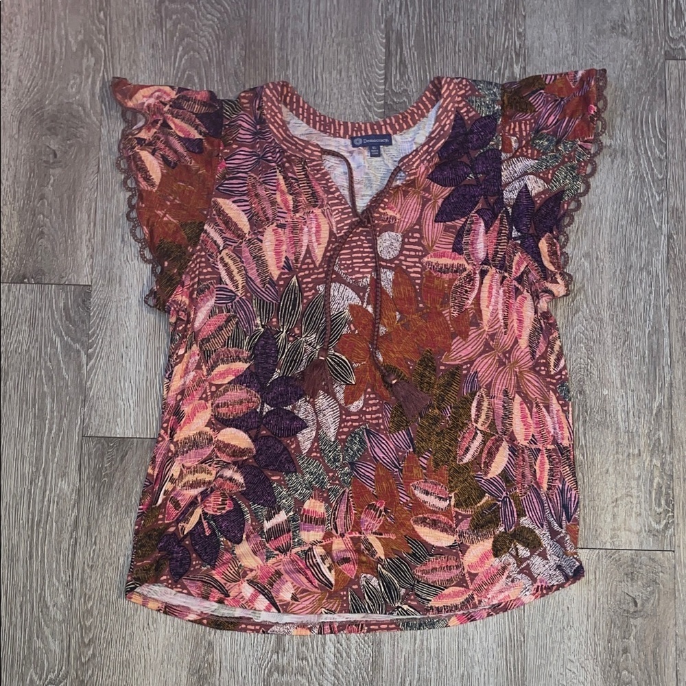 Democracy Multicolor Leaf Print Top blouse tassel flutter sleeve boho X-Large